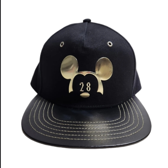 Disney Parks Black and Gold Mickey Mouse 28 Millennial Faux Leather Snapback Hat - Picture 1 of 4